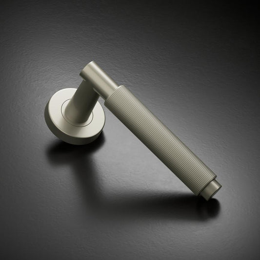 Howdens Fuller and Forge Iseo Satin Nickel Knurled Lever on Rose Door Handle Pair Howdens