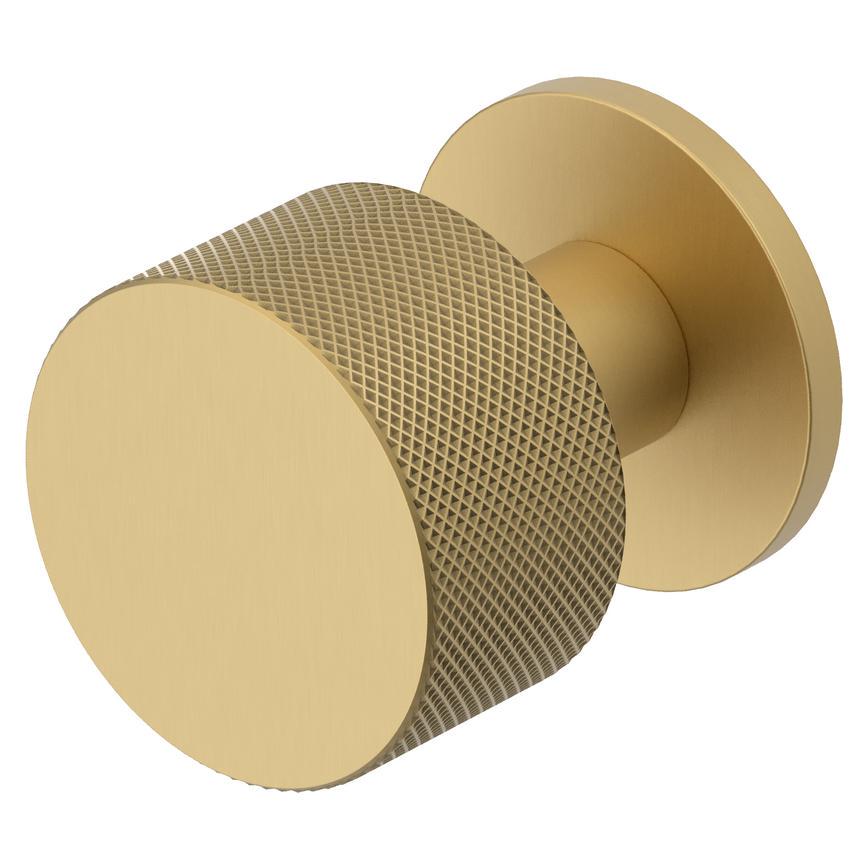 Howdens Fuller and Forge Iseo Satin Brass 50mm Knurled Round Mortice Knob on Slim Rose Pair Howdens