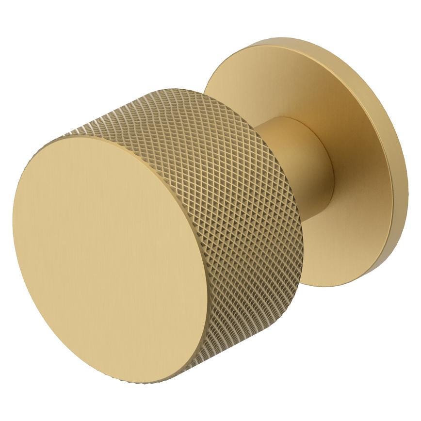 Howdens Fuller and Forge Iseo Satin Brass 50mm Knurled Round Mortice Knob on Slim Rose Pair Howdens