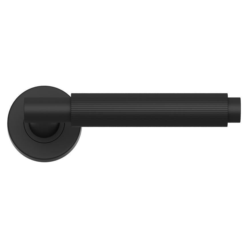 Howdens Fuller and Forge Orta Matt Black Fluted Lever on Rose Door Handle Pair Howdens