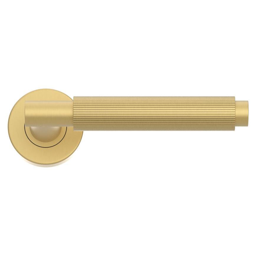 Howdens Fuller and Forge Orta Satin Brass Fluted Lever on Rose Door Handle Pair Howdens