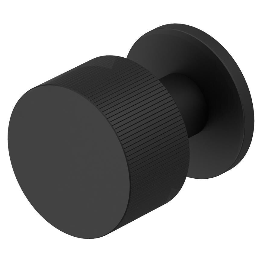 Howdens Fuller and Forge Orta Matt Black 50mm Fluted Round Mortice Knob on Slim Rose Pair Howdens