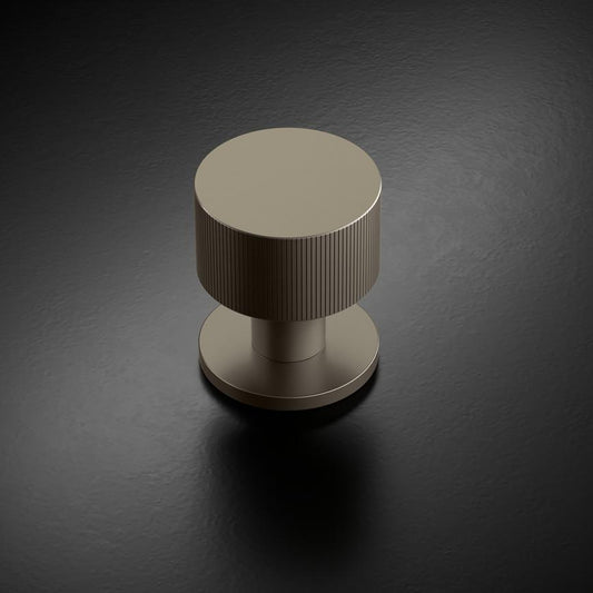 Howdens Fuller and Forge Orta Satin Bronze 50mm Fluted Round Mortice Knob on Slim Rose Pair Howdens