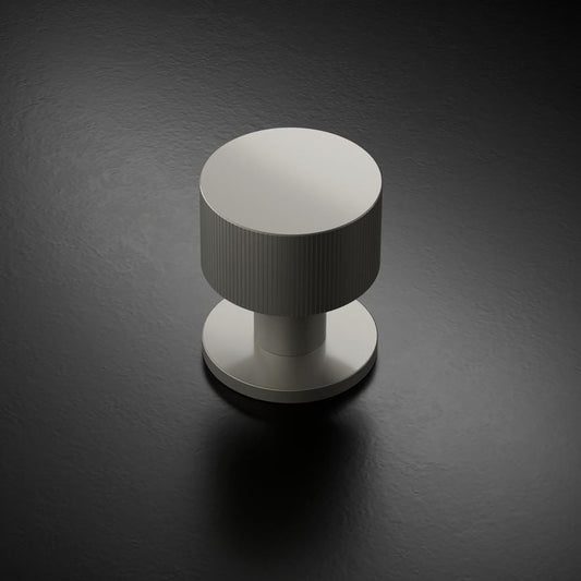 Howdens Fuller and Forge Orta Satin Nickel 50mm Fluted Round Mortice Knob on Slim Rose Pair Howdens