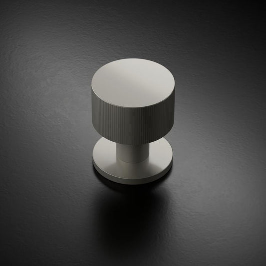 Howdens Fuller and Forge Orta Satin Nickel 50mm Fluted Round Mortice Knob on Slim Rose Pair Howdens