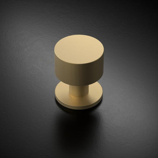Howdens Fuller and Forge Orta Satin Brass 50mm Fluted Round Mortice Knob on Slim Rose Pair Howdens