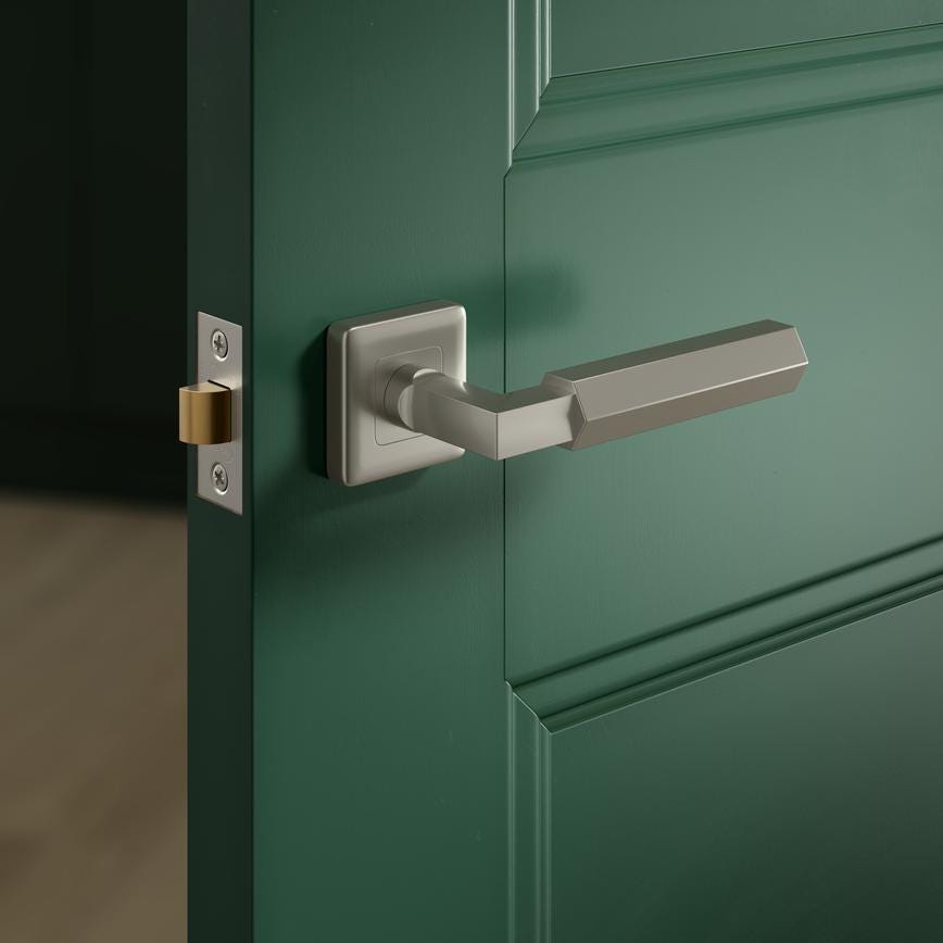 Fuller and Forge Tanaro Satin Nickel Hexagonal Lever on Rose Door Handle Pair Howdens