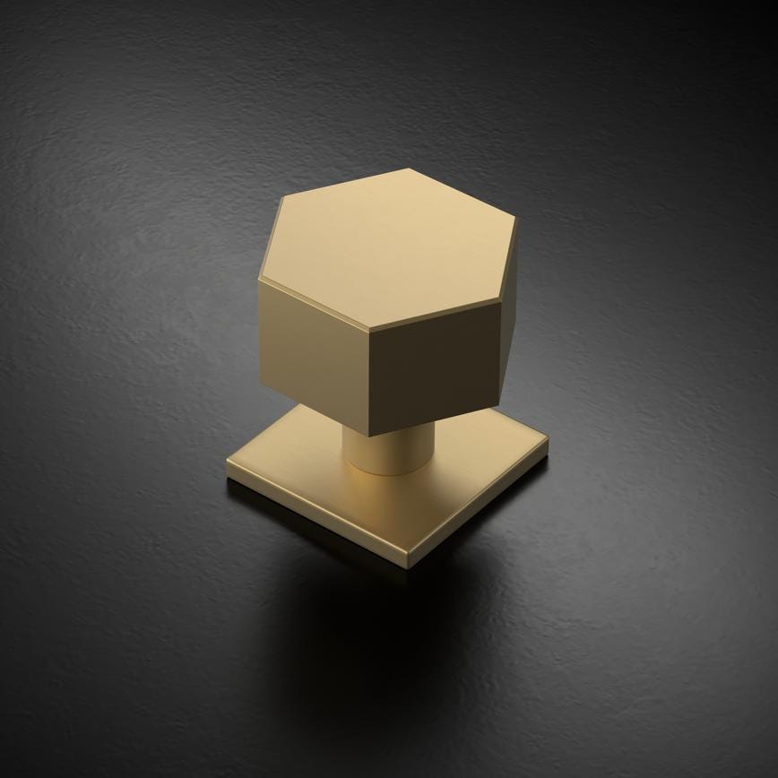 Howdens Fuller and Forge Tanaro Satin Brass 58mm Hexagonal Mortice Knob on Slim Rose Pair Howdens