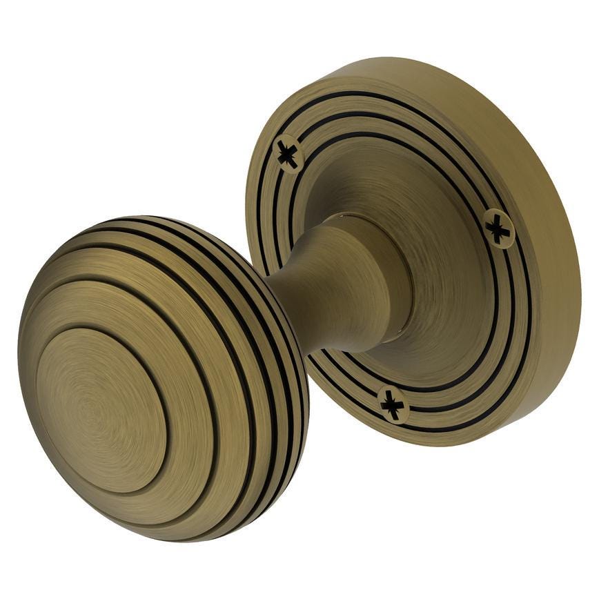 Fuller and Forge Beehive Antique Brass 62mm Ringed Round Mortice Knob on Rose Pair Howdens