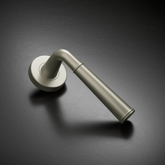 Howdens Fuller and Forge Arno Satin Nickel Lever on Rose Door Handle Pair Howdens