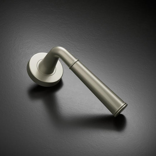 Howdens Fuller and Forge Arno Satin Nickel Lever on Rose Door Handle Pair Howdens