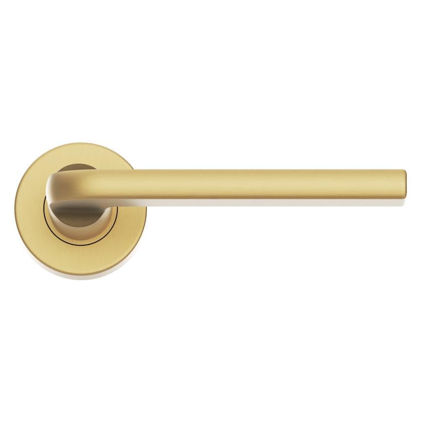 Howdens Fuller and Forge Munch Satin Brass Lever on Rose Door Handle Pair Howdens