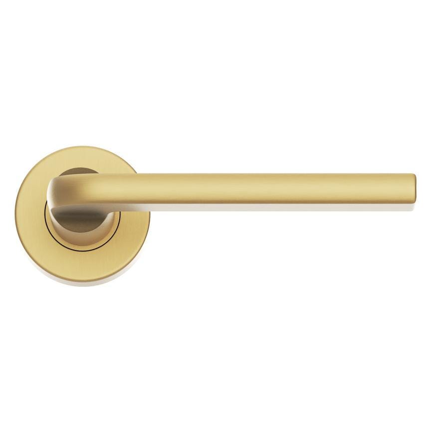 Howdens Fuller and Forge Munch Satin Brass Lever on Rose Door Handle Pair Howdens
