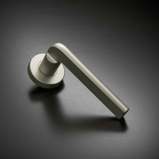 Fuller and Forge Munch Satin Nickel Lever on Rose Door Handle Pair Howdens