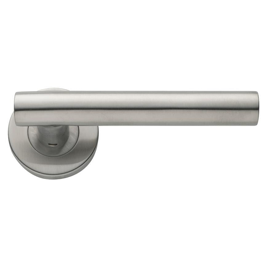 Howdens Lecco Satin Stainless Steel Fire Rated Lever on Rose Door Handle Pair