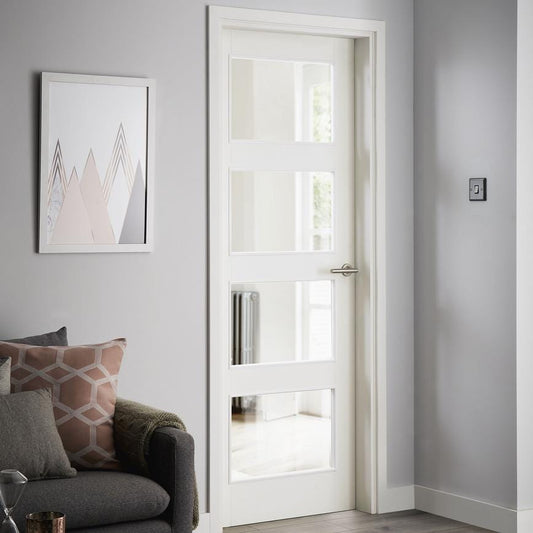 Howdens Lecco Satin Stainless Steel Fire Rated Mitred Lever on Rose Door Handle Pair