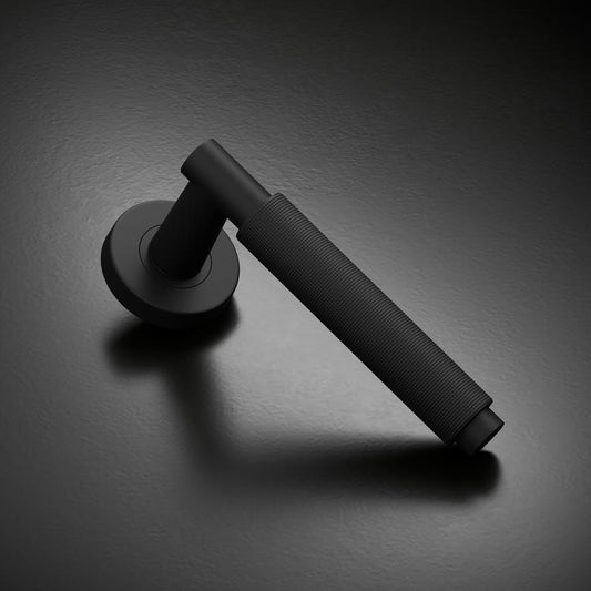 Howdens Fuller and Forge Iseo Matt Black Knurled Lever on Rose Door Handle Pair Howdens