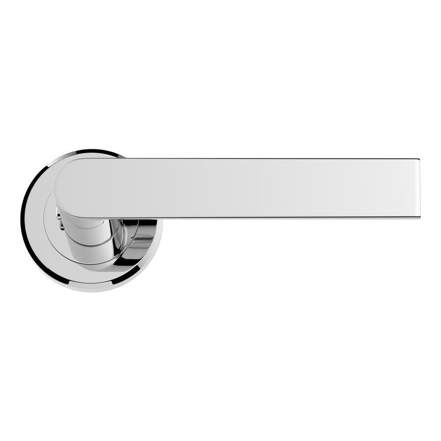 Howdens Carlisle Brass Serozzetta Edge Polished Chrome Fire Rated Lever on Rose Door Handle Pair