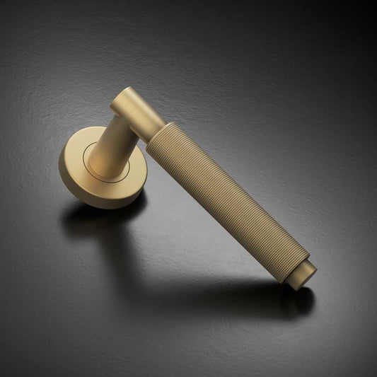 Howdens Fuller and Forge Iseo Satin Brass Knurled Lever on Rose Door Handle Pair Howdens