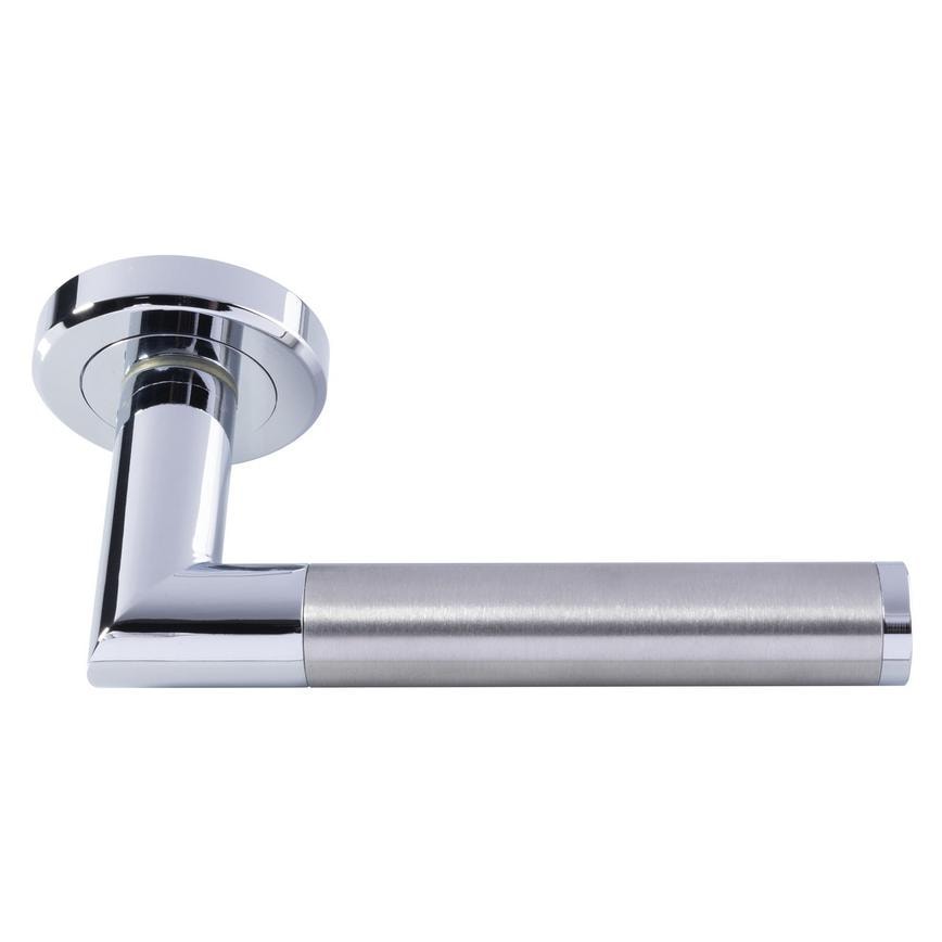 Howdens Carlisle Brass Serozzetta Trend Dual-Tone Chrome Fire Rated Lever on Rose Door Handle Pair