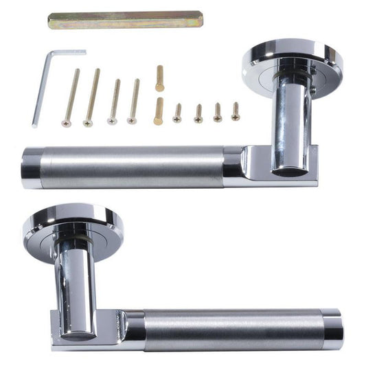 Howdens Carlisle Brass Serozzetta Azul Dual-Tone Chrome Fire Rated Lever on Rose Door Handle Pair