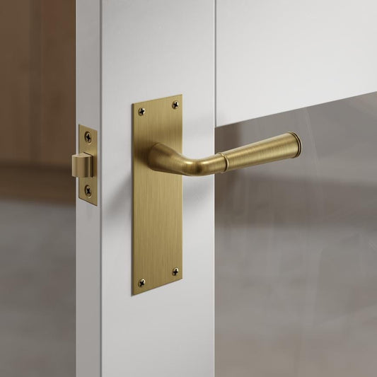 Fuller and Forge Arno Satin Nickel Lever on Backplate Latch Door Handle Pair Howdens