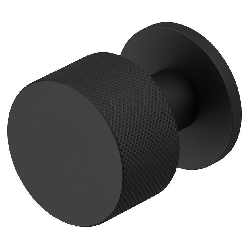 Fuller and Forge Iseo Matt Black 50mm Knurled Round Mortice Knob on Slim Rose Pair Howdens