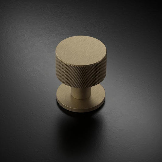 Howdens Fuller and Forge Iseo Antique Brass 50mm Knurled Round Mortice Knob on Slim Rose Pair Howdens