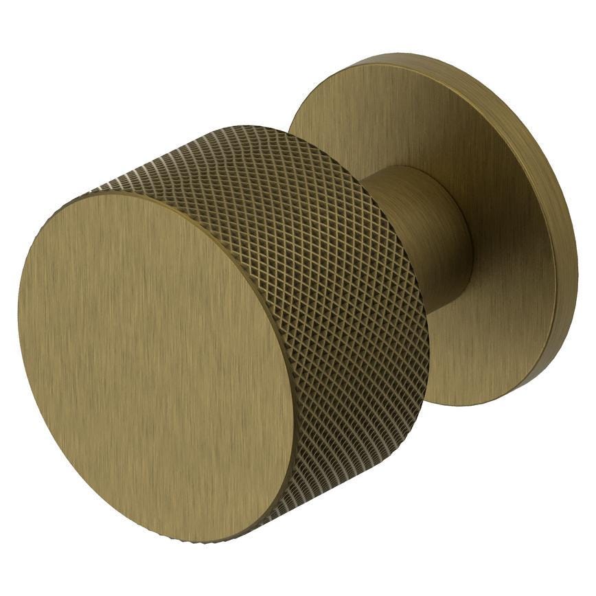 Fuller and Forge Iseo Antique Brass 50mm Knurled Round Mortice Knob on Slim Rose Pair Howdens