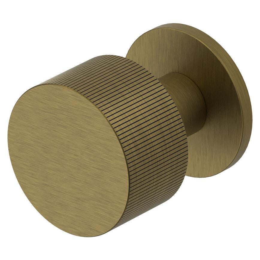 Howdens Fuller and Forge Orta Antique Brass 50mm Fluted Round Mortice Knob on Slim Rose Pair Howdens