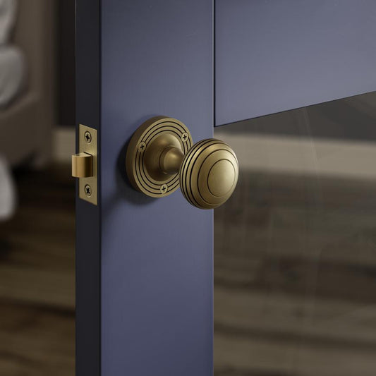 Howdens Fuller and Forge Beehive Antique Brass 62mm Ringed Round Mortice Knob on Rose Pair Howdens