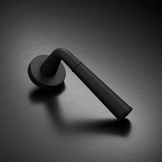 Howdens Fuller and Forge Arno Matt Black Lever on Rose Door Handle Pair Howdens