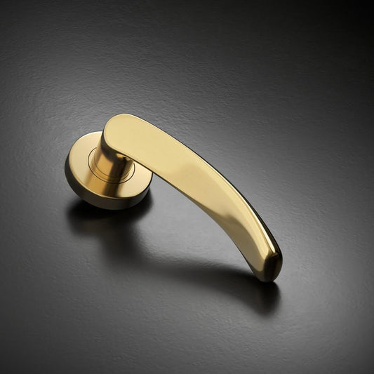 Howdens Fuller and Forge Garda Polished Brass Lever on Rose Door Handle Pair Howdens