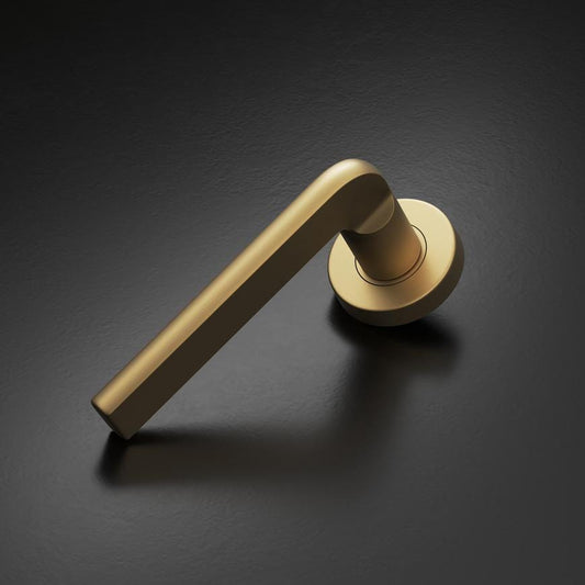 Fuller and Forge Munch Satin Brass Lever on Rose Door Handle Pair Howdens