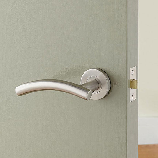 Howdens Turin Satin Stainless Steel Fire Rated Lever on Rose Door Handle Pair