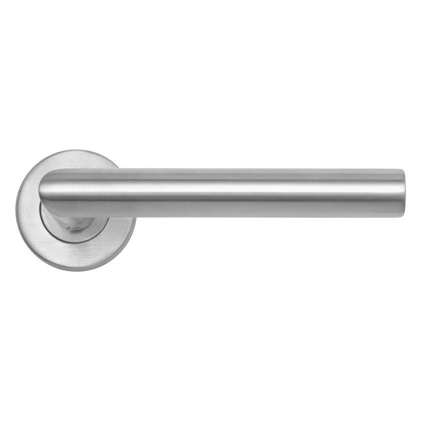 Howdens Lecco Satin Stainless Steel Fire Rated Mitred Lever on Rose Door Handle Pair