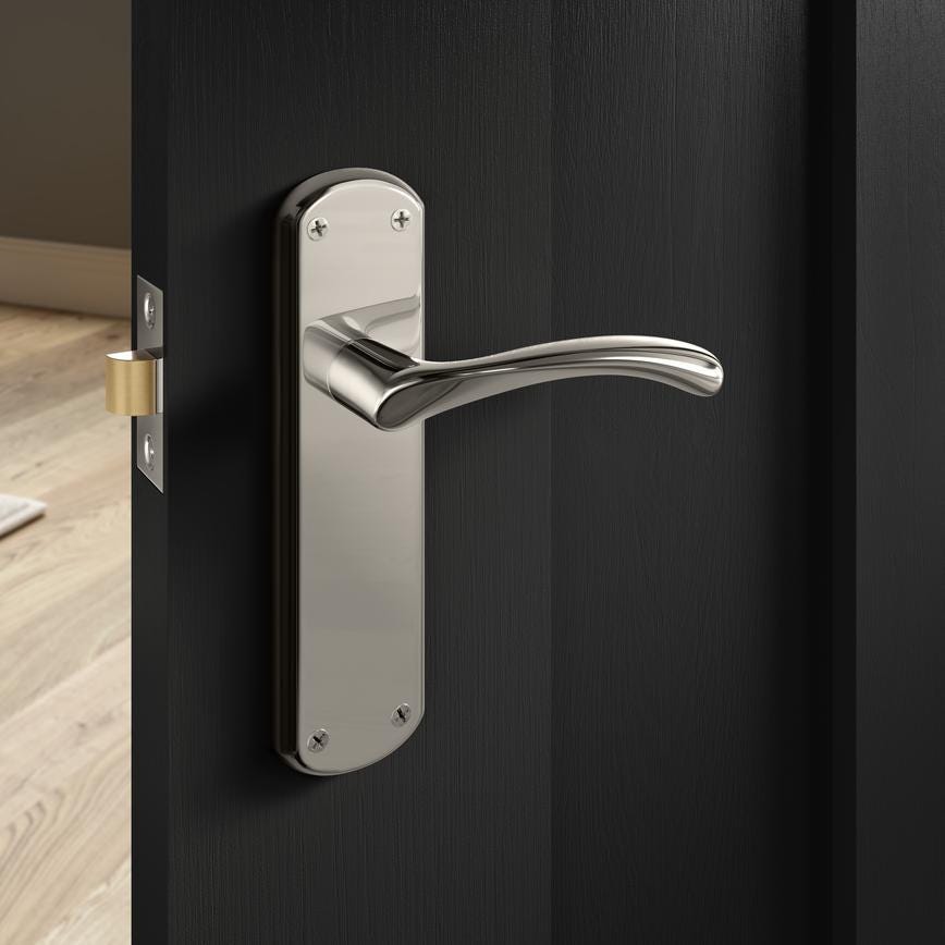 Fuller and Forge Garda Polished Chrome Lever on Backplate Latch Door Handle Pair Howdens