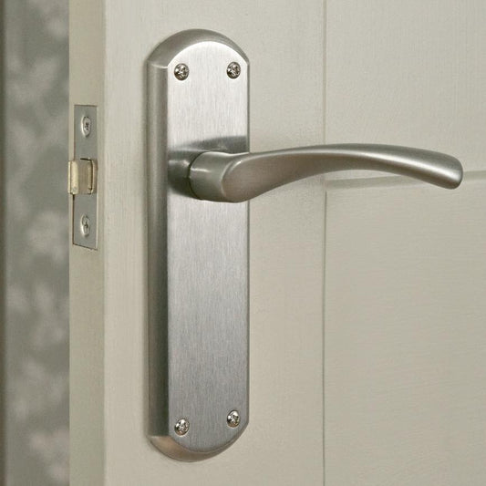 Fuller and Forge Garda Satin Nickel Lever on Backplate Latch Door Handle Pair Howdens