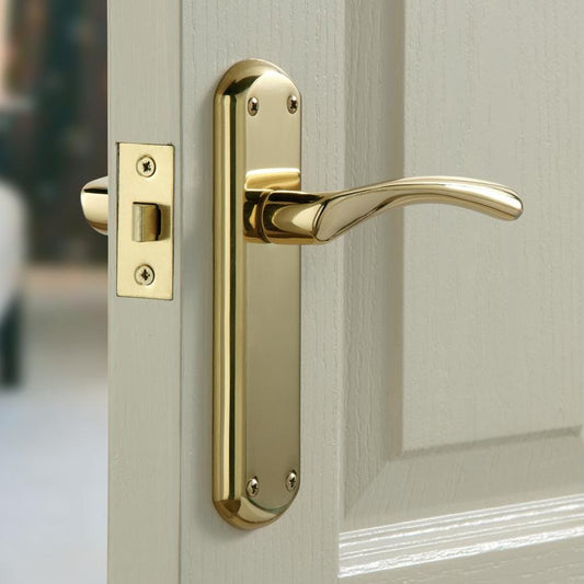 Howdens Fuller and Forge Garda Polished Brass Lever on Backplate Latch Door Handle Pair Howdens