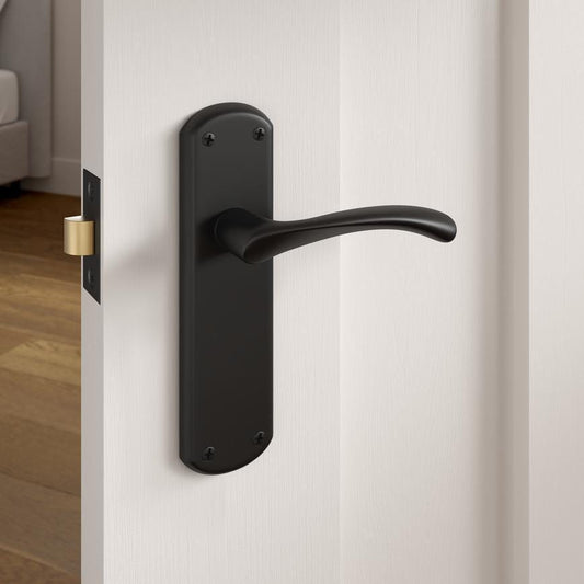 Howdens Fuller and Forge Garda Matt Black Lever on Backplate Latch Door Handle Pair Howdens