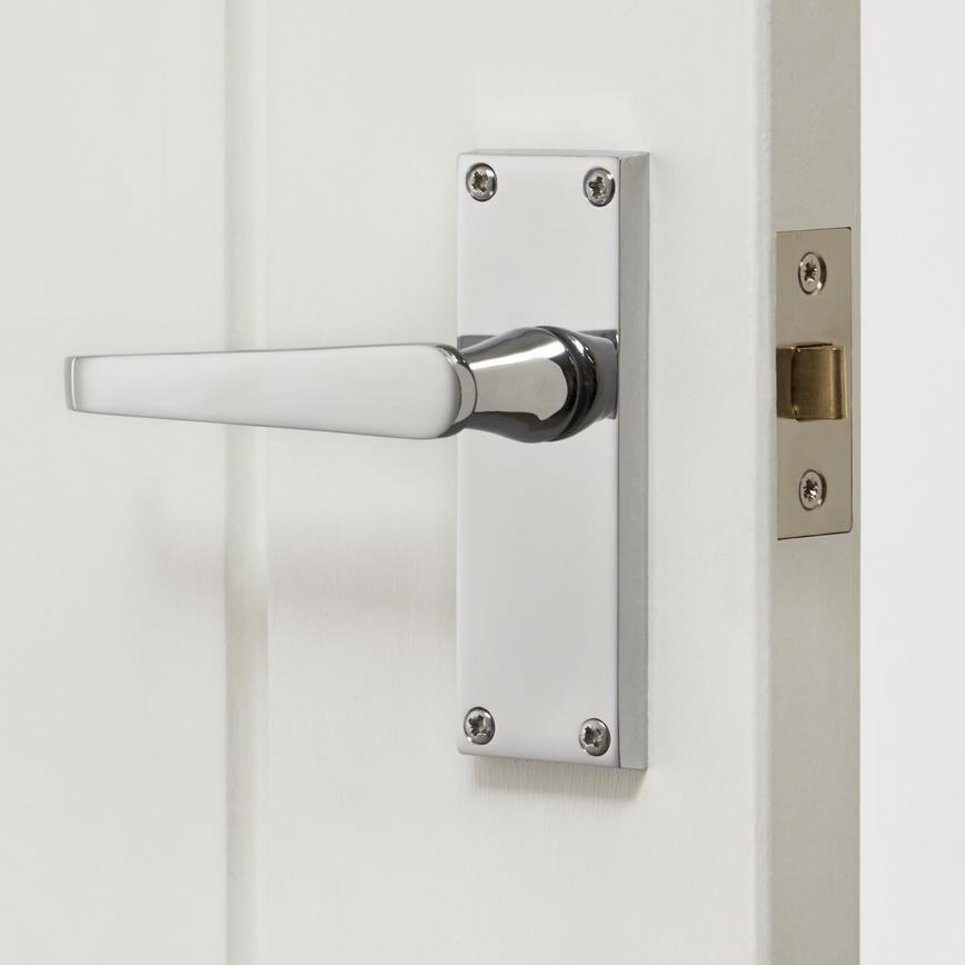 Howdens Victorian Polished Chrome Lever on Backplate Latch Door Handle Pair