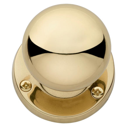 Howdens Victorian Polished Brass 62mm Round Mortice Knob on Rose Pair
