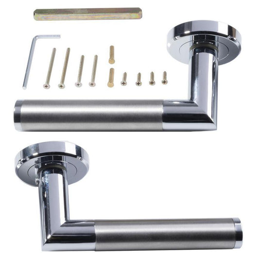 Howdens Carlisle Brass Serozzetta Trend Dual-Tone Chrome Fire Rated Lever on Rose Door Handle Pair