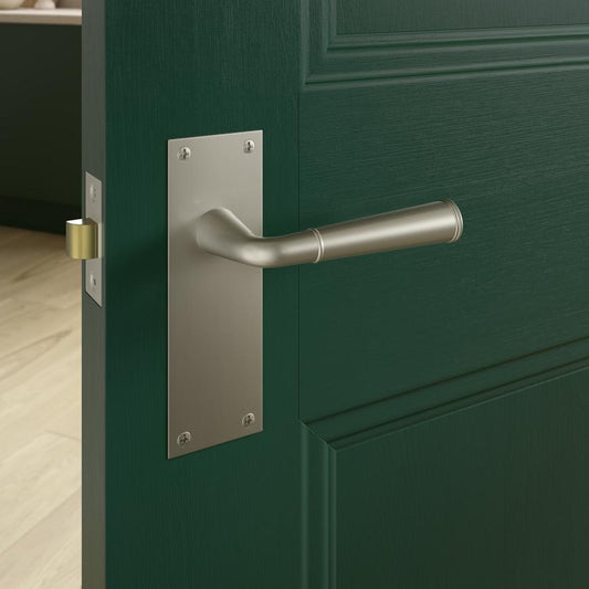 Howdens Fuller and Forge Arno Satin Nickel Lever on Backplate Latch Door Handle Pair Howdens