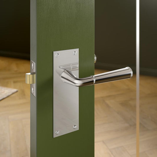 Howdens Fuller and Forge Arno Polished Chrome Lever on Backplate Latch Door Handle Pair Howdens