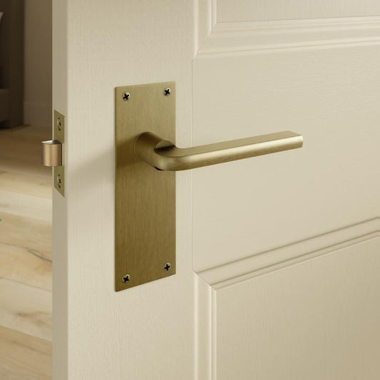 Howdens Fuller and Forge Munch Antique Brass Lever on Slim Backplate Latch Door Handle Pair Howdens