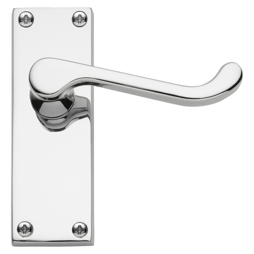 Howdens Victorian Polished Chrome Scroll Lever on Backplate Latch Door Handle Pair