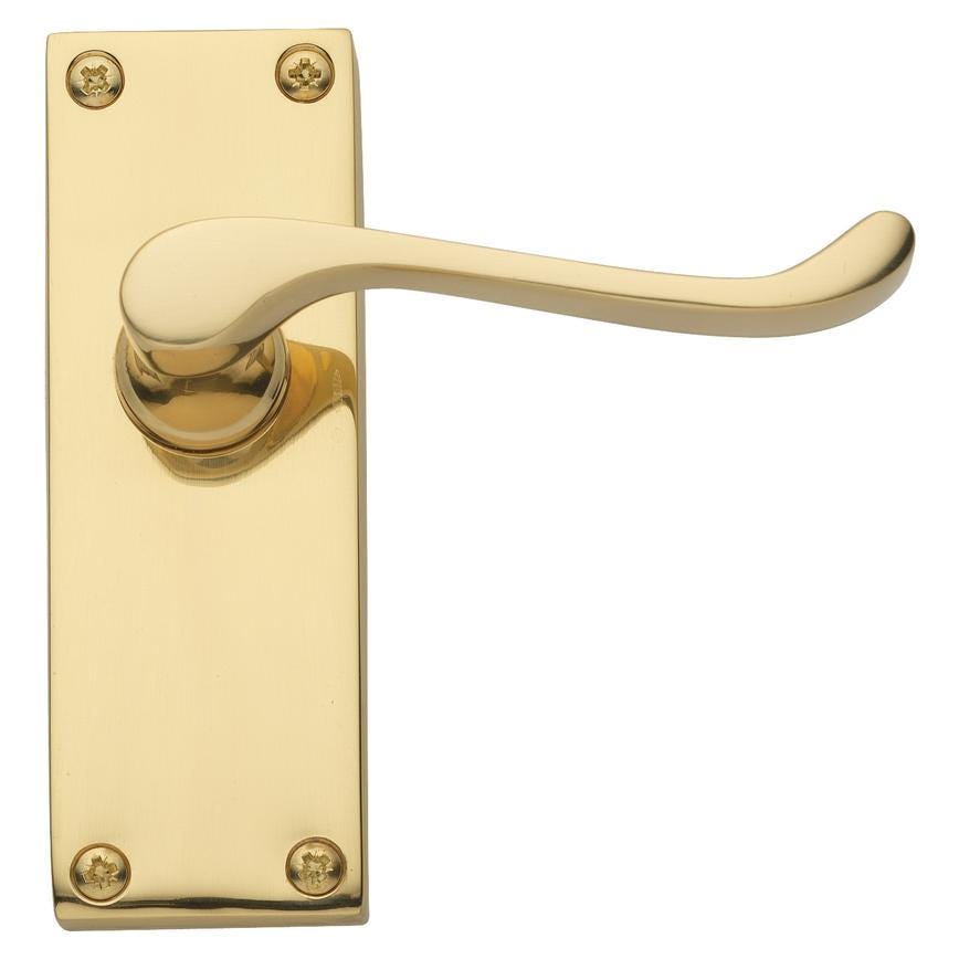 Howdens Victorian Polished Brass Scroll Lever on Backplate Latch Door Handle Pair