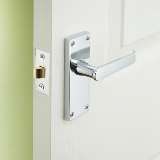 Howdens Victorian Polished Chrome Lever on Backplate Latch Door Handle Pair