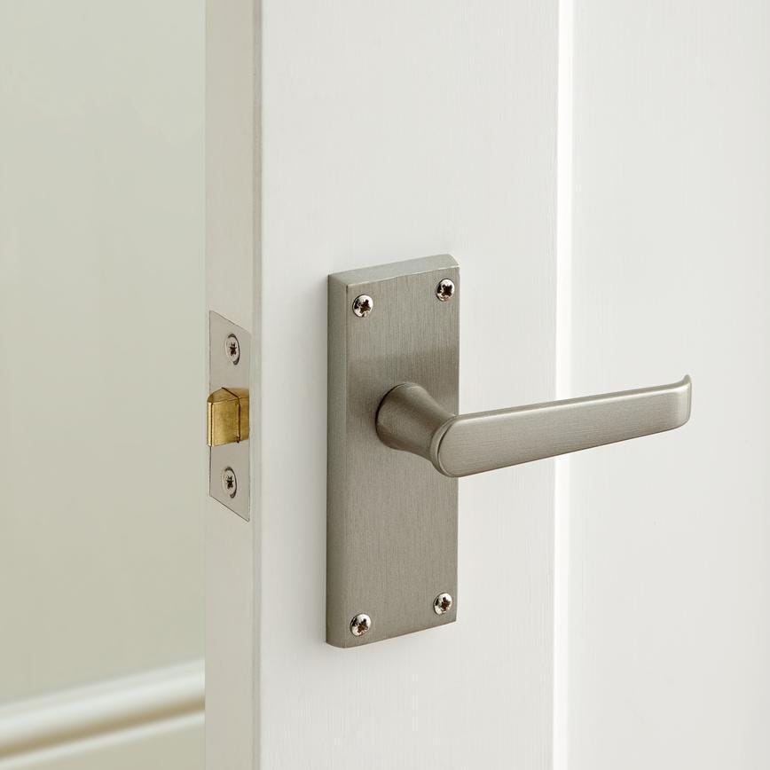 Howdens Victorian Satin Nickel Lever on Backplate Latch Door Handle Pair